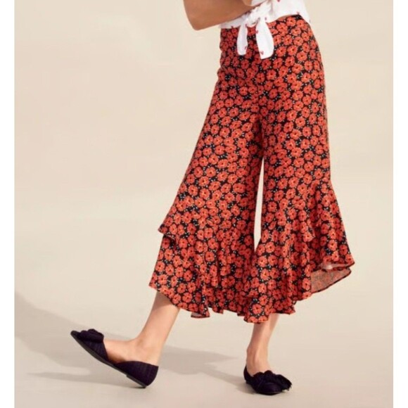 Anthropologie Red Poppy Floral Satin Cropped Wide Leg Ruffle Pants NWOT XL - Picture 1 of 9